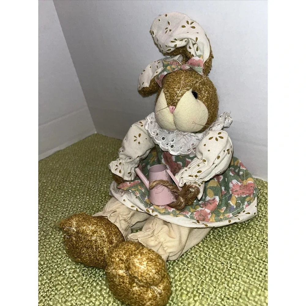 Vtg Spring‎ Easter Bunny Rabbit Plush Country Decor Lace Floral Dress Gardener